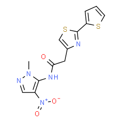 ChemSpider 2D Image | N-(1-Methyl-4-nitro-1H-pyrazol-5-yl)-2-[2-(2-thienyl)-1,3-thiazol-4-yl]acetamide | C13H11N5O3S2