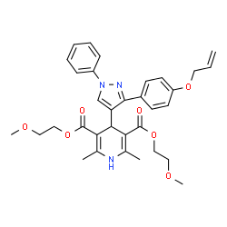 ChemSpider 2D Image | Bis(2-methoxyethyl) 4-{3-[4-(allyloxy)phenyl]-1-phenyl-1H-pyrazol-4-yl}-2,6-dimethyl-1,4-dihydro-3,5-pyridinedicarboxylate | C33H37N3O7