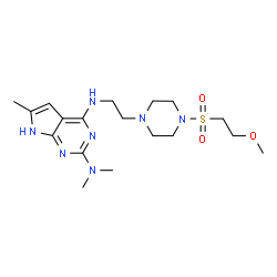 ChemSpider 2D Image | N~4~-(2-{4-[(2-Methoxyethyl)sulfonyl]-1-piperazinyl}ethyl)-N~2~,N~2~,6-trimethyl-7H-pyrrolo[2,3-d]pyrimidine-2,4-diamine | C18H31N7O3S