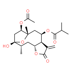 ChemSpider 2D Image | (1S,2S,4R,8S,9R,11S,12R)-12-Acetoxy-1-hydroxy-2,11-dimethyl-7-methylene-6-oxo-5,14-dioxatricyclo[9.2.1.0~4,8~]tetradec-9-yl 2-methylpropanoate | C21H30O8