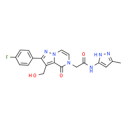 ChemSpider 2D Image | 2-[2-(4-Fluorophenyl)-3-(hydroxymethyl)-4-oxopyrazolo[1,5-a]pyrazin-5(4H)-yl]-N-(3-methyl-1H-pyrazol-5-yl)acetamide | C19H17FN6O3