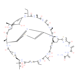 ChemSpider 2D Image | N-{3-[(3-Amino-3-oxo-1-propen-2-yl)amino]-3-oxo-1-propen-2-yl}-2-[(1R,11Z,15S,18S,25S,26R,40S,46S,53S)-37-[(2S)-2-butanyl]-18-[(2S,3R)-2,3-dihydroxy-2-butanyl]-11-ethylidene-59-hydroxy-8-[(1R)-1-hydro
xyethyl]-31-[(1S)-1-hydroxyethyl]-26,40,46-trimethyl-43-methylene-6,9,16,23,28,38,41,44,47-nonaoxo-27-oxa-3,13,20,56-tetrathia-7,10,17,24,36,39,42,45,48,52,58,61,62,63,64-pentadecaazanonacyclo[23.23.9
.3~29,35~.1~2,5~.1~12,15~.1~19,22~.1~54,57~.0~1,53~.0~32,60~]tetrahexaconta-2(64),4,12(63),19(62),21,29,31,33,51,54,57,60-dodecaen-51-yl]-1,3-thiazole-4-carboxamide | C72H85N19O18S5