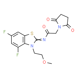 ChemSpider 2D Image | N-[4,6-Difluoro-3-(2-methoxyethyl)-1,3-benzothiazol-2(3H)-ylidene]-2-(2,5-dioxo-1-pyrrolidinyl)acetamide | C16H15F2N3O4S