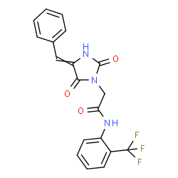 ChemSpider 2D Image | 2-(4-Benzylidene-2,5-dioxo-1-imidazolidinyl)-N-[2-(trifluoromethyl)phenyl]acetamide | C19H14F3N3O3