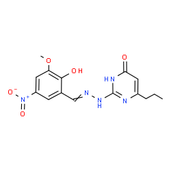 ChemSpider 2D Image | 2-[2-(2-Hydroxy-3-methoxy-5-nitrobenzylidene)hydrazino]-6-propyl-4(3H)-pyrimidinone | C15H17N5O5