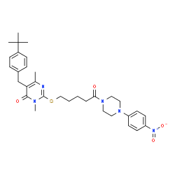 ChemSpider 2D Image | 3,6-Dimethyl-5-[4-(2-methyl-2-propanyl)benzyl]-2-({5-[4-(4-nitrophenyl)-1-piperazinyl]-5-oxopentyl}sulfanyl)-4(3H)-pyrimidinone | C32H41N5O4S