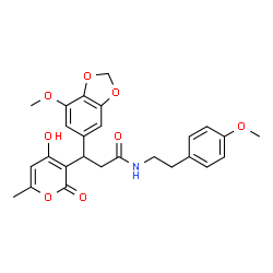 ChemSpider 2D Image | 3-(4-Hydroxy-6-methyl-2-oxo-2H-pyran-3-yl)-3-(7-methoxy-1,3-benzodioxol-5-yl)-N-[2-(4-methoxyphenyl)ethyl]propanamide | C26H27NO8