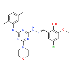 ChemSpider 2D Image | 4-Chloro-2-[({4-[(2,5-dimethylphenyl)amino]-6-(4-morpholinyl)-1,3,5-triazin-2-yl}hydrazono)methyl]-6-methoxyphenol | C23H26ClN7O3