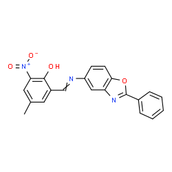ChemSpider 2D Image | 4-Methyl-2-nitro-6-{[(2-phenyl-1,3-benzoxazol-5-yl)imino]methyl}phenol | C21H15N3O4