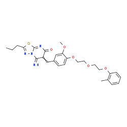 ChemSpider 2D Image | 5-Imino-6-(3-methoxy-4-{2-[2-(2-methylphenoxy)ethoxy]ethoxy}benzylidene)-2-propyl-5,6-dihydro-7H-[1,3,4]thiadiazolo[3,2-a]pyrimidin-7-one | C27H30N4O5S