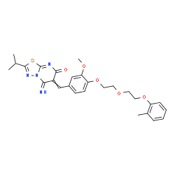 ChemSpider 2D Image | 5-Imino-2-isopropyl-6-(3-methoxy-4-{2-[2-(2-methylphenoxy)ethoxy]ethoxy}benzylidene)-5,6-dihydro-7H-[1,3,4]thiadiazolo[3,2-a]pyrimidin-7-one | C27H30N4O5S