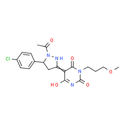 ChemSpider 2D Image | 5-[1-Acetyl-5-(4-chlorophenyl)-3-pyrazolidinylidene]-6-hydroxy-3-(3-methoxypropyl)-2,4(3H,5H)-pyrimidinedione | C19H21ClN4O5