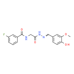 ChemSpider 2D Image | 3-fluoro-N-{2-[2-(4-hydroxy-3-methoxybenzylidene)hydrazino]-2-oxoethyl}benzamide (non-preferred name) | C17H16FN3O4