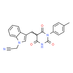 ChemSpider 2D Image | (3-{[1-(4-Methylphenyl)-2,4,6-trioxotetrahydro-5(2H)-pyrimidinylidene]methyl}-1H-indol-1-yl)acetonitrile | C22H16N4O3