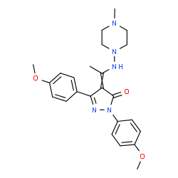 ChemSpider 2D Image | 2,5-Bis(4-methoxyphenyl)-4-{1-[(4-methyl-1-piperazinyl)amino]ethylidene}-2,4-dihydro-3H-pyrazol-3-one | C24H29N5O3