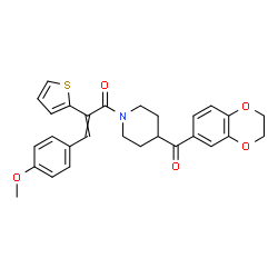 ChemSpider 2D Image | 1-[4-(2,3-Dihydro-1,4-benzodioxin-6-ylcarbonyl)-1-piperidinyl]-3-(4-methoxyphenyl)-2-(2-thienyl)-2-propen-1-one | C28H27NO5S