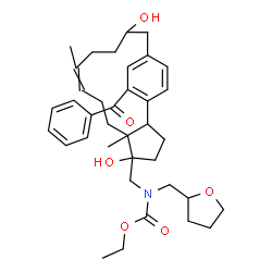 ChemSpider 2D Image | Ethyl {[17-benzoyl-5,13-dihydroxy-6,10-dimethyltricyclo[13.2.2.0~2,6~]nonadeca-1(17),9,15,18-tetraen-5-yl]methyl}(tetrahydro-2-furanylmethyl)carbamate | C37H49NO6