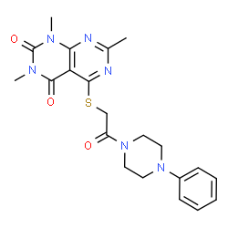ChemSpider 2D Image | 1,3,7-Trimethyl-5-{[2-oxo-2-(4-phenyl-1-piperazinyl)ethyl]sulfanyl}pyrimido[4,5-d]pyrimidine-2,4(1H,3H)-dione | C21H24N6O3S