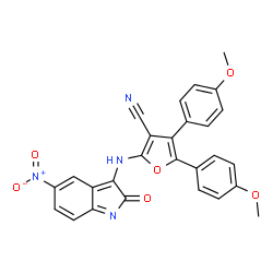 ChemSpider 2D Image | 4,5-Bis(4-methoxyphenyl)-2-[(5-nitro-2-oxo-2H-indol-3-yl)amino]-3-furonitrile | C27H18N4O6