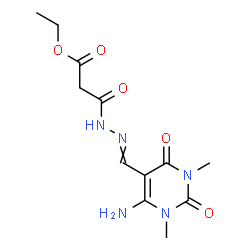 ChemSpider 2D Image | Ethyl 3-{2-[(6-amino-1,3-dimethyl-2,4-dioxo-1,2,3,4-tetrahydro-5-pyrimidinyl)methylene]hydrazino}-3-oxopropanoate | C12H17N5O5