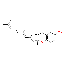 ChemSpider 2D Image | (2S,3aR,7R,9aS)-2-[(1E)-2,6-Dimethyl-1,5-heptadien-1-yl]-7-hydroxy-3a-methyl-2,3,3a,5,6,7,9,9a-octahydro-8H-furo[3,2-b]chromen-8-one | C21H30O4