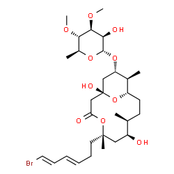 ChemSpider 2D Image | (1S,5S,7S,8S,11S,12R,13S)-5-[(3E,5E)-6-Bromo-3,5-hexadien-1-yl]-1,7-dihydroxy-5,8,12-trimethyl-3-oxo-4,15-dioxabicyclo[9.3.1]pentadec-13-yl 6-deoxy-3,4-di-O-methyl-alpha-L-mannopyranoside | C30H49BrO10