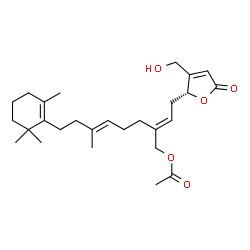 ChemSpider 2D Image | (2E,5E)-2-{2-[(2R)-3-(Hydroxymethyl)-5-oxo-2,5-dihydro-2-furanyl]ethylidene}-6-methyl-8-(2,6,6-trimethyl-1-cyclohexen-1-yl)-5-octen-1-yl acetate | C27H40O5