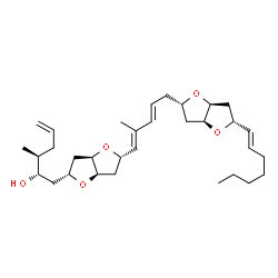 ChemSpider 2D Image | (2S,3S)-1-{(2R,3aR,5S,6aR)-5-[(1E,3E)-5-{(2S,3aS,5R,6aS)-5-[(1E)-1-Hepten-1-yl]hexahydrofuro[3,2-b]furan-2-yl}-2-methyl-1,3-pentadien-1-yl]hexahydrofuro[3,2-b]furan-2-yl}-3-methyl-5-hexen-2-ol (non-pr
eferred name) | C32H50O5