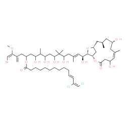ChemSpider 2D Image | (1E,15E,17S)-1-Bromo-17-[(1S,6Z,9S,11R,13R,15S)-5,9-dihydroxy-7,11-dimethyl-3-oxo-2,14-dioxabicyclo[11.2.1]hexadec-6-en-15-yl]-7,9,11,13,17-pentahydroxy-2-methoxy-8,12,12,15-tetramethyl-3-methylene-1,
15-heptadecadien-5-yl (11E,13E)-13,14-dichloro-11,13-tetradecadienoate | C53H85BrCl2O13