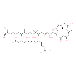 ChemSpider 2D Image | (1E,15E,17S)-1-Bromo-17-[(1S,6Z,9S,11R,13R,15S)-5,9-dihydroxy-7,11-dimethyl-3-oxo-2,14-dioxabicyclo[11.2.1]hexadec-6-en-15-yl]-7,9,11,13,17-pentahydroxy-2-methoxy-8,12,12,15-tetramethyl-3-methylene-1,
15-heptadecadien-5-yl (13E)-14-bromo-13-chloro-13-tetradecenoate | C53H87Br2ClO13