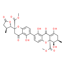 ChemSpider 2D Image | Methyl (3R,4R,4aS)-1,4,8-trihydroxy-7-{(2S)-5-hydroxy-2-(methoxycarbonyl)-2-[(2S,3S)-3-methyl-5-oxotetrahydro-2-furanyl]-4-oxo-3,4-dihydro-2H-chromen-6-yl}-3-methyl-9-oxo-2,3,4,9-tetrahydro-4aH-xanthe
ne-4a-carboxylate | C32H30O14
