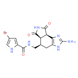 ChemSpider 2D Image | N-{[(5R,5aR,8aR)-2-Amino-6,8-dioxo-3,4,5,5a,6,7,8,8a-octahydroimidazo[4,5-e]isoindol-5-yl]methyl}-4-bromo-1H-pyrrole-2-carboxamide | C15H15BrN6O3