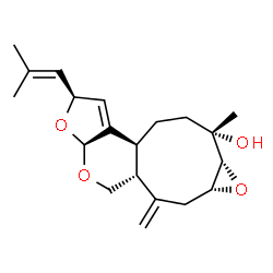 ChemSpider 2D Image | (2S,3aS,5aR,7aR,8aR,9S,11aS)-9-Methyl-6-methylene-2-(2-methyl-1-propen-1-yl)-2,3a,5,5a,6,7,7a,8a,9,10,11,11a-dodecahydrofuro[2,3-b]oxireno[5,6]cyclonona[1,2-d]pyran-9-ol | C20H28O4