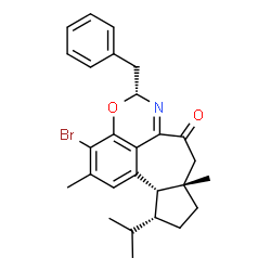 ChemSpider 2D Image | (5R,8aS,11R,11aS)-5-Benzyl-3-bromo-11-isopropyl-2,8a-dimethyl-8,8a,9,10,11,11a-hexahydro-4-oxa-6-azanaphtho[1,8-ef]azulen-7(5H)-one | C27H30BrNO2