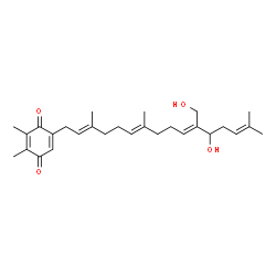 ChemSpider 2D Image | 5-[(2E,6E,10E)-12-Hydroxy-11-(hydroxymethyl)-3,7,15-trimethyl-2,6,10,14-hexadecatetraen-1-yl]-2,3-dimethyl-1,4-benzoquinone | C28H40O4