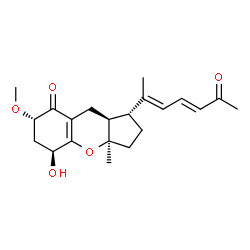 ChemSpider 2D Image | (1R,3aR,5S,7S,9aS)-5-Hydroxy-7-methoxy-3a-methyl-1-[(2E,4E)-6-oxo-2,4-heptadien-2-yl]-2,3,3a,5,6,7,9,9a-octahydrocyclopenta[b]chromen-8(1H)-one | C21H28O5