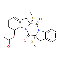ChemSpider 2D Image | (4S,4aS,6aR,13aR)-6a,13a-Bis(methylsulfanyl)-6,13-dioxo-4,6a,7,13,13a,14-hexahydro-4aH,6H-indolo[1',2':4,5]pyrazino[1,2-a]indol-4-yl acetate | C22H22N2O4S2