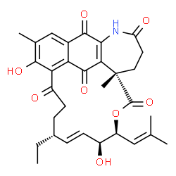ChemSpider 2D Image | (9R,10E,12S,13S,16S)-9-Ethyl-4,12-dihydroxy-3,16-dimethyl-13-(2-methyl-1-propen-1-yl)-14-oxa-20-azatetracyclo[19.3.1.0~5,24~.0~16,22~]pentacosa-1(24),2,4,10,21-pentaene-6,15,19,23,25-pentone | C31H35NO8