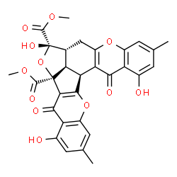 ChemSpider 2D Image | Dimethyl (5bS,7S,7aR,7bR,14bS)-4,7,13-trihydroxy-2,11-dimethyl-5,14-dioxo-7,7a,7b,8,14,14b-hexahydro-6,9,15-trioxanaphtho[2',3':2,3]pentaleno[1,6-ab]anthracene-5b,7(5H)-dicarboxylate | C30H24O12