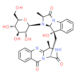 ChemSpider 2D Image | (2S,9S,9aS)-1-(beta-D-Glucopyranosyl)-9-hydroxy-2-methyl-9-{[(1R,4R)-1-methyl-3,6-dioxo-1,3,4,6-tetrahydro-2H-pyrazino[2,1-b]quinazolin-4-yl]methyl}-1,2,9,9a-tetrahydro-3H-imidazo[1,2-a]indol-3-one | C30H33N5O9