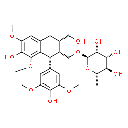 ChemSpider 2D Image | [(1R,2R,3S)-7-Hydroxy-1-(4-hydroxy-3,5-dimethoxyphenyl)-3-(hydroxymethyl)-6,8-dimethoxy-1,2,3,4-tetrahydro-2-naphthalenyl]methyl 6-deoxy-alpha-L-mannopyranoside | C28H38O12