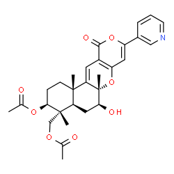 ChemSpider 2D Image | [(3S,4R,4aR,6S,6aS,12bS)-3-Acetoxy-6-hydroxy-4,6a,12b-trimethyl-11-oxo-9-(3-pyridinyl)-1,3,4,4a,5,6,6a,12b-octahydro-2H,11H-benzo[f]pyrano[4,3-b]chromen-4-yl]methyl acetate | C29H33NO8