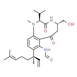 ChemSpider 2D Image | N-[(2S,5S)-9-[(3R)-3,7-Dimethyl-1,6-octadien-3-yl]-5-(hydroxymethyl)-2-isopropyl-1-methyl-3,7-dioxo-2,3,4,5,6,7-hexahydro-1H-1,4-benzodiazonin-8-yl]formamide | C27H39N3O4