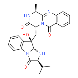 ChemSpider 2D Image | (1S,4R)-4-{[(2S,9R,9aR)-9-Hydroxy-2-isopropyl-3-oxo-2,3,9,9a-tetrahydro-1H-imidazo[1,2-a]indol-9-yl]methyl}-1-methyl-2H-pyrazino[2,1-b]quinazoline-3,6(1H,4H)-dione | C26H27N5O4