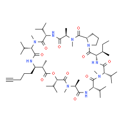 ChemSpider 2D Image | (3R,6S,9S,12R,13S,16S,19S,22S,25S,28S,33aS)-28-[(2R)-2-Butanyl]-6,9,16,22,25-pentaisopropyl-2,3,8,13,18,19,24-heptamethyl-12-(4-pentyn-1-yl)icosahydropyrrolo[1,2-p][1,4,7,10,13,16,19,22,25,28]oxanonaa
zacyclohentriacontine-1,4,7,10,14,17,20,23,26,29(11H,16H)-decone | C55H93N9O11