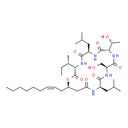ChemSpider 2D Image | (3S,6R,9S,12S,15R,19R)-3-[(2S)-2-Butanyl]-9-[(1R)-1-hydroxyethyl]-12-(hydroxymethyl)-6,15-diisobutyl-19-[(2Z)-2-nonen-1-yl]-1-oxa-4,7,10,13,16-pentaazacyclononadecane-2,5,8,11,14,17-hexone | C37H65N5O9