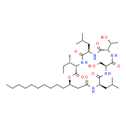 ChemSpider 2D Image | (3S,6R,9S,12S,15R,19R)-3-[(2S)-2-Butanyl]-19-decyl-9-[(1R)-1-hydroxyethyl]-12-(hydroxymethyl)-6,15-diisobutyl-1-oxa-4,7,10,13,16-pentaazacyclononadecane-2,5,8,11,14,17-hexone | C38H69N5O9