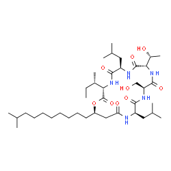 ChemSpider 2D Image | (3S,6R,9S,12S,15R,19R)-3-[(2S)-2-Butanyl]-9-[(1R)-1-hydroxyethyl]-12-(hydroxymethyl)-6,15-diisobutyl-19-(9-methyldecyl)-1-oxa-4,7,10,13,16-pentaazacyclononadecane-2,5,8,11,14,17-hexone | C39H71N5O9
