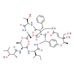 ChemSpider 2D Image | (2R,3R)-N-[(1S,7R,8S,9E,17S,20R,21S,24R,29S,32R)-29-Benzyl-24-[(2S)-2-butanyl]-8-hydroxy-32-[(1S)-1-hydroxyethyl]-8-(hydroxymethyl)-7,20,28-trimethyl-11,14,18,22,25,27,30,33-octaoxo-6,15,19-trioxa-12,
23,26,28,31,34-hexaazatricyclo[15.9.8.2~2,5~]hexatriaconta-2,4,9,35-tetraen-21-yl]-3-hydroxy-2,4-dimethylpentanamide | C51H71N7O16