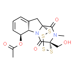 ChemSpider 2D Image | (1R,7S,8S,11R)-11-(Hydroxymethyl)-17-methyl-10,16-dioxo-12,13,14,15-tetrathia-9,17-diazatetracyclo[9.4.2.0~1,9~.0~3,8~]heptadeca-3,5-dien-7-yl acetate | C15H16N2O5S4
